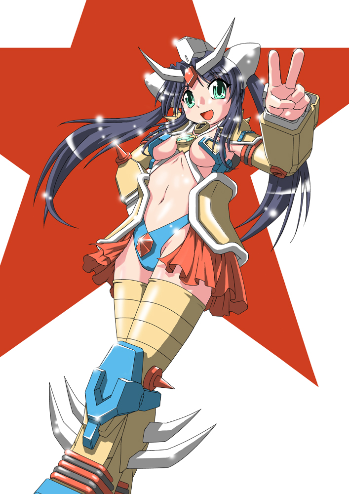 black_hair china chinese_gundam green_eyes gundam hand_on_hip hips long_hair mecha_musume navel open_mouth parody personification solo spike spikes star thigh-highs thighhighs twintails v yuki!