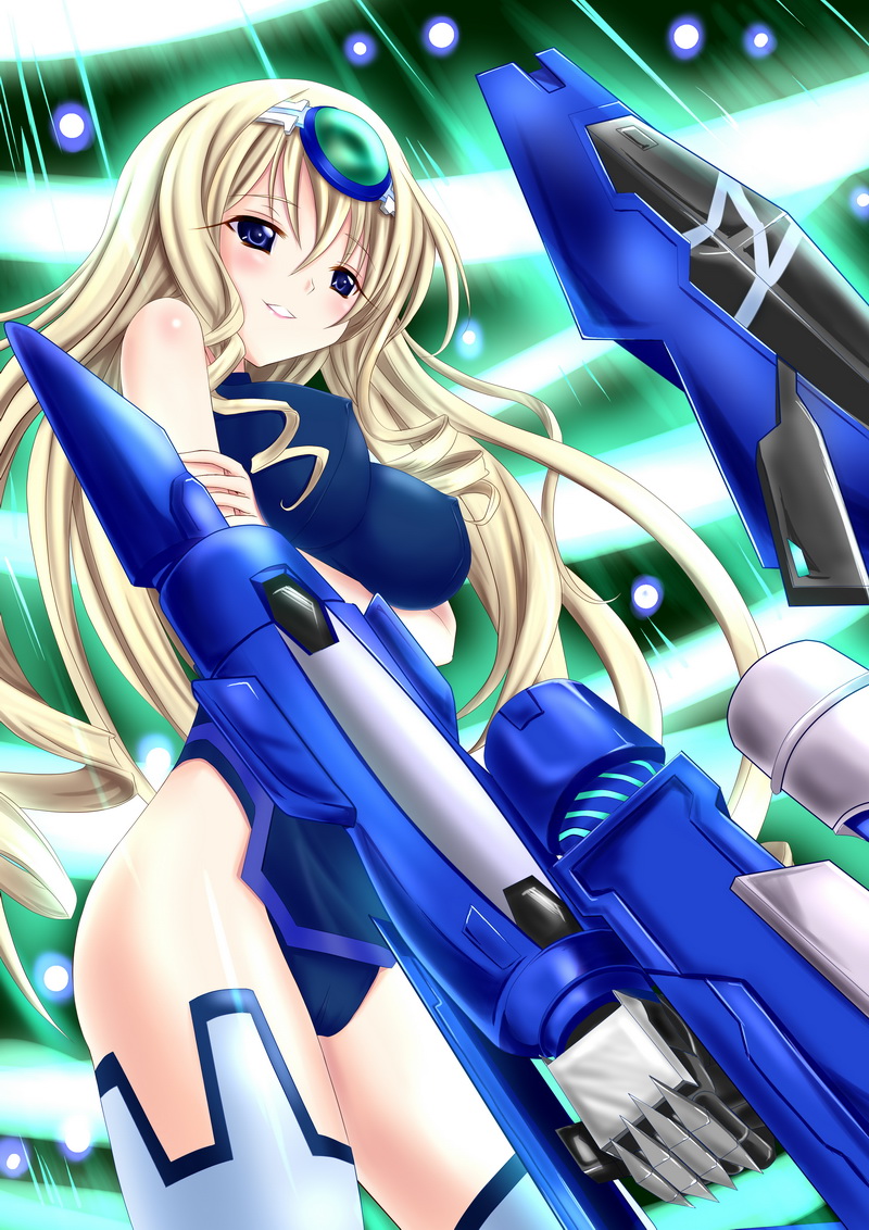 blonde_hair blue_eyes blue_tears blush bodysuit breasts cecilia_alcott cless_(tamaota) curly_hair drill_hair erect_nipples gun hairband infinite_stratos leotard long_hair mecha_musume pilot_suit robotic_arms science_fiction smile solo thighhighs very_long_hair weapon