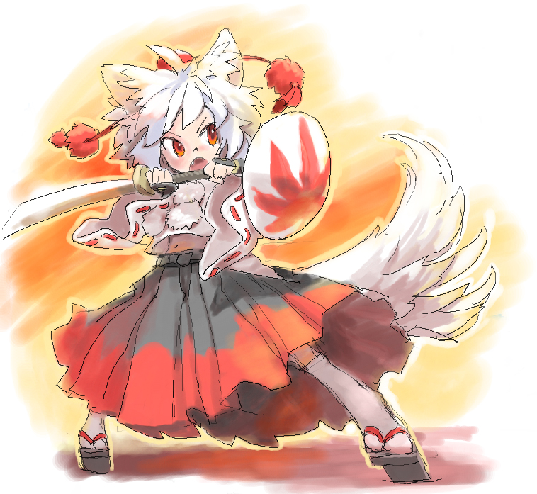 animal_ears detached_sleeves face fang fighting_stance geta hat inubashiri_momiji matsuda_(matsukichi) matsukichiii midriff oekaki orange_eyes shield short_hair silver_hair skirt solo sword tail tengu-geta tokin_hat touhou weapon white_hair wolf_ears wolf_tail