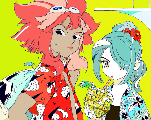 drinking flower goggles hair_ornament hair_over_one_eye hibiscus inazuma_eleven inazuma_eleven_(series) kazemaru_ichirouta long_hair multiple_boys pink_hair ponytail tropical tsunami_jousuke wea