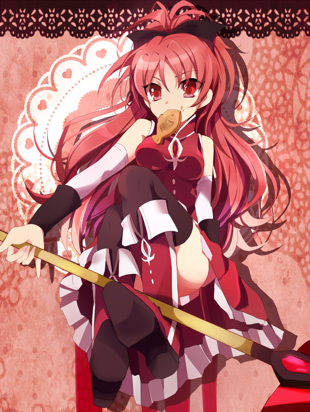 asprach bare_shoulders black_legwear black_thighhighs boots bow detached_sleeves eating food food_on_face hair_bow highres knee_boots long_hair mahou_shoujo_madoka_magica mouth_hold pink_background pink_hair polearm ponytail red red_eyes red_hair sakura_kyouko shadow solo spear taiyaki thigh-highs thighhighs very_long_hair wagashi weapon