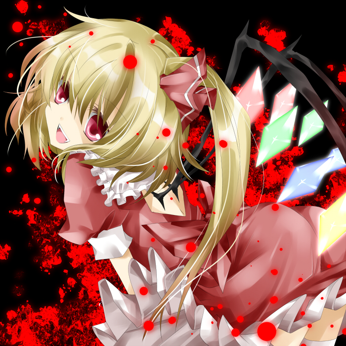 blonde_hair fangs flandre_scarlet nanase_nao no_hat no_headwear open_mouth red_eyes side_ponytail solo the_embodiment_of_scarlet_devil touhou wings