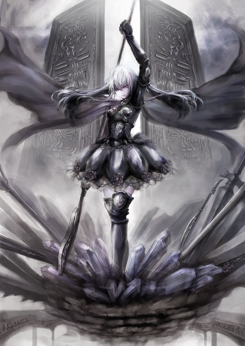 black_rose black_rose_(flower) dress flower long_hair pixiv_fantasia pixiv_fantasia_5 polearm purple_eyes rose thorns violet_eyes wacchi30 weapon white_hair