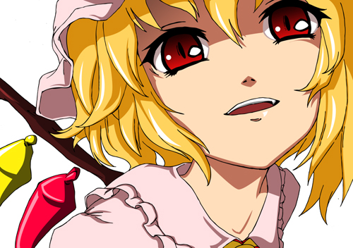 anime_coloring blonde_hair close-up face flandre_scarlet lowres m-eiji meiji20xx open_mouth red_eyes solo the_embodiment_of_scarlet_devil touhou wings