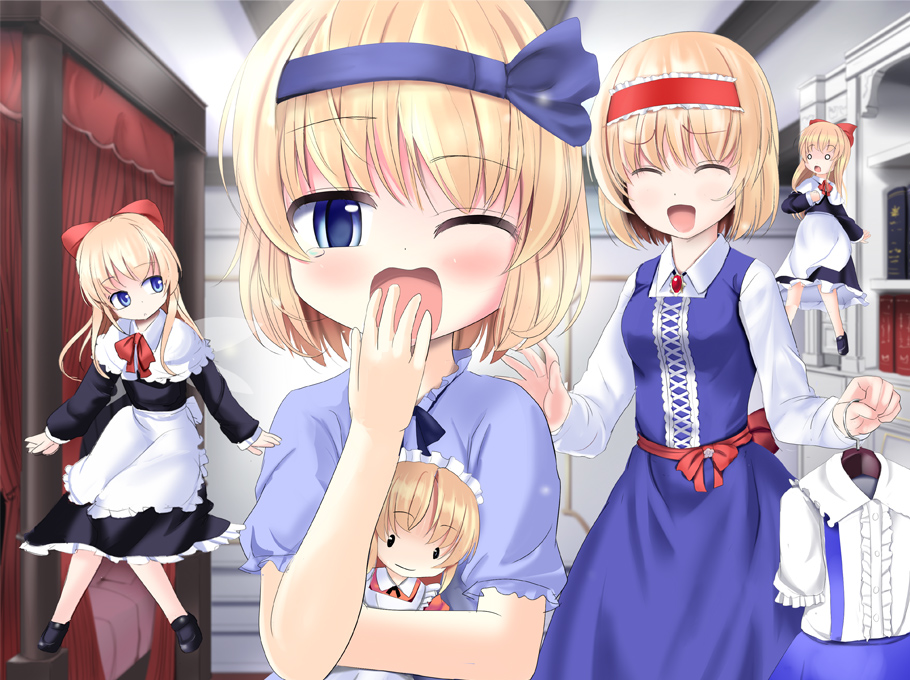 2girls a_(aaaaaaaaaaw) alice_margatroid alice_margatroid_(pc-98) apron blonde_hair blue_eyes blush book brooch capelet character_doll closed_eyes curtains doll dress dual_persona hair_ribbon hairband jewelry maid maid_headdress multiple_girls open_mouth pajamas ribbon shanghai_doll short_hair skirt smile suspenders touhou touhou_(pc-98) yawning yumeko
