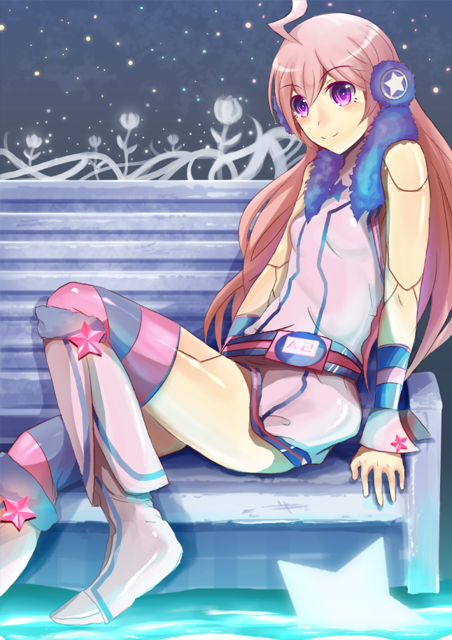 1girl android bad_id boots dress earmuffs female headphones kneehighs long_hair miki_(vocaloid) muruaka red_eyes red_hair redhead robot_joints sf-a2_miki sitting smile socks solo striped striped_kneehighs thighhighs vocaloid wrist_cuffs