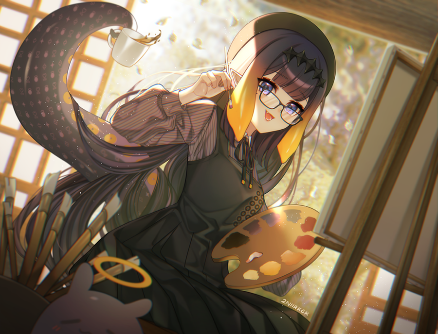 1girl bangs beret black_headwear breasts coffee coffee_mug cup fang hair_behind_ear halo hat holding holding_cup holding_paintbrush hololive hololive_english mole mole_under_eye monogram mug nii_a_sleepy_knee ninomae_ina'nis open_mouth paintbrush palette pointy_ears purple_hair small_breasts smile solo tako_(ninomae_ina'nis) tentacle_hair tentacles violet_eyes virtual_youtuber