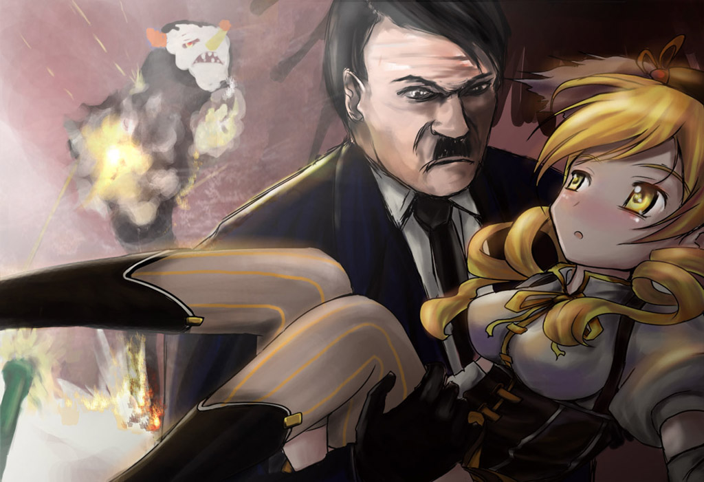 :o adolf_hitler beret blonde_hair blush boots breasts brown_legwear carrying charlotte_(madoka_magica) corset crossover drawfag drill_hair explosion facial_hair gun hair_ornament hat large_breasts magical_girl mahou_shoujo_madoka_magica military military_vehicle monster mustache necktie open_mouth pleated_skirt princess_carry puffy_sleeves skirt source_request tank taut_shirt thigh-highs thighhighs tomoe_mami tracer_bullets twintails vehicle vertical-striped_legwear vertical_stripes weapon what witch's_labyrinth yellow_eyes