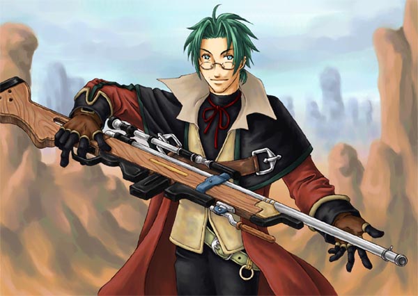 ahoge belt bow canyon choker clive_winslett coat glasses gloves green_eyes green_hair gun male oku_(hybrid_zero) pants parted_bangs rifle sky smile solo weapon wild_arms wild_arms_3