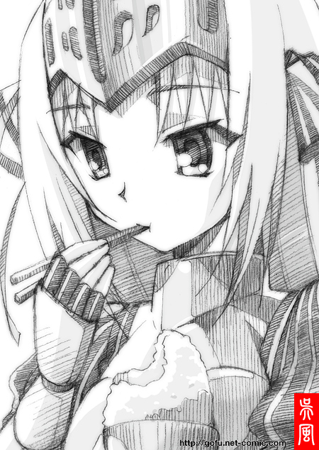 chopsticks eating eucliwood_hellscythe gofu kore_wa_zombie_desu_ka? monochrome rice rice_bowl sketch solo traditional_media vambraces visor_(armor)