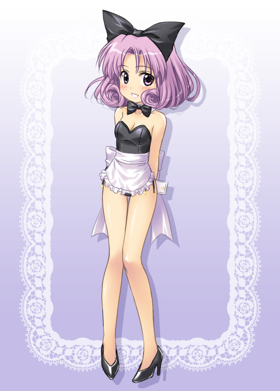 bare_legs bowtie leotard masakichi_(crossroad) purple_eyes purple_hair ribbon shirayuki_(sister_princess) short_hair sister_princess violet_eyes wrist_cuffs