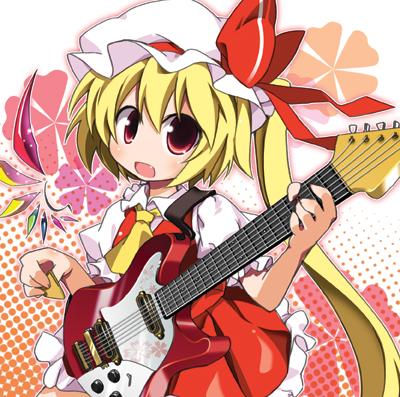 blonde_hair flandre_scarlet guitar instrument long_hair lowres plectrum red_eyes side_ponytail solo the_embodiment_of_scarlet_devil tomato_kandume touhou very_long_hair wings