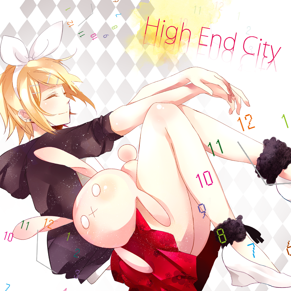 bad_id blonde_hair bow bunny clock closed_eyes earrings eyes_closed hair_bow hair_ornament hairclip hatsuko high_heels jacket jewelry kagamine_rin legs number numbers rabbit shoes short_hair sitting skirt solo stuffed_animal stuffed_toy vocaloid