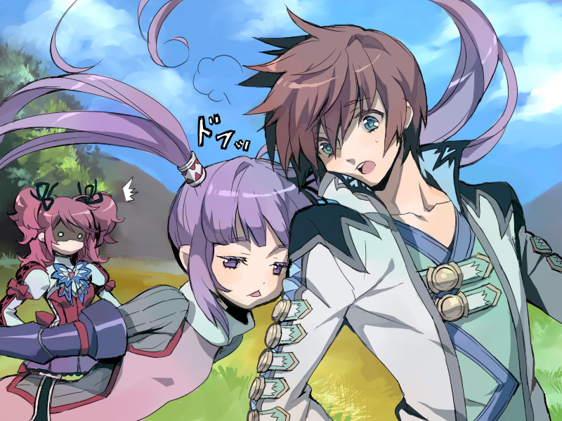 /\/\/\ asbel_lhant blue_eyes brown_hair cheria_barnes long_hair o_o purple_eyes purple_hair red_hair redhead shaded_face sophie_(tales_of_graces) tales_of_(series) tales_of_graces twintails violet_eyes yukiya