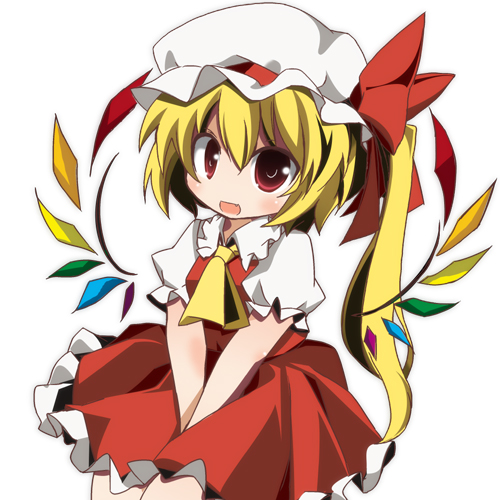 ascot blonde_hair fang flandre_scarlet hat lowres red_eyes side_ponytail solo the_embodiment_of_scarlet_devil tomato_kandume touhou v_arms wings