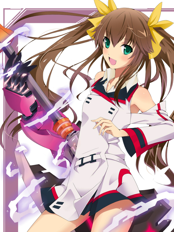 bad_id bare_shoulders blush brown_hair fang fang_lin_yin green_eyes hair_ribbon huang_lingyin infinite_stratos long_hair open_mouth ribbon school_uniform shenlong smile solo twintails very_long_hair weapon