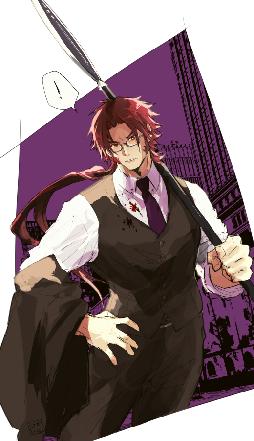 ! 1boy black_vest blood bloody_clothes feet_out_of_frame glasses holding holding_spear holding_weapon jacket jacket_removed kesurido large_pectorals long_sideburns male_focus muscular muscular_male necktie over_shoulder polearm redhead shirt short_hair sideburns solo spear tonbokiri tonbokiri_(touken_ranbu) touken_ranbu vest weapon weapon_over_shoulder white_shirt yellow_eyes