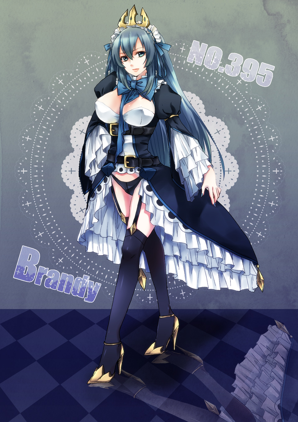 1girl bad_anatomy blue_eyes blue_hair breasts checkered checkered_floor crown dress empoleon error female frills garter_belt hanahasu high_heels highres large_breasts long_hair nail_polish personification pokemon reflection shoes solo thighhighs