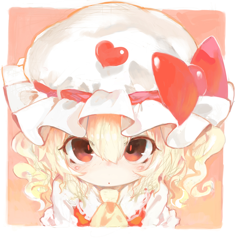 :o ascot blonde_hair flandre_scarlet hat heart henreader looking_at_viewer no_nose portrait red_eyes ribbon short_hair simple_background solo stare the_embodiment_of_scarlet_devil touhou