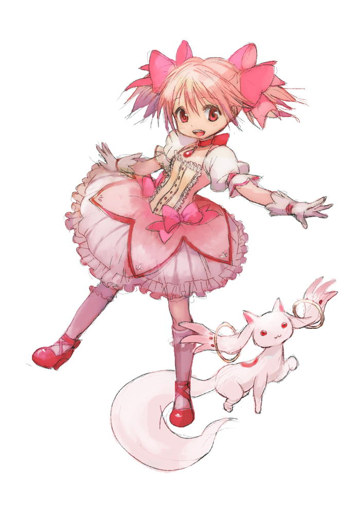bad_id bubble_skirt choker gloves kaname_madoka kyubey kyuubee magical_girl mahou_shoujo_madoka_magica open_mouth outstretched_arms pink_eyes pink_hair puffy_sleeves shoes short_hair short_twintails simple_background spread_arms standing_on_one_leg tomatika twintails