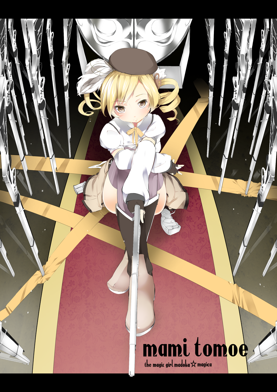 beret blonde_hair boots breasts brown_legwear carpet corset detached_sleeves drill_hair fingerless_gloves fisheye foreshortening from_above furisuku gloves gun hair_ornament hairpin hat highres letterboxed looking_at_viewer magical_girl magical_musket mahou_shoujo_madoka_magica perspective pleated_skirt puffy_sleeves ribbon rifle sitting skirt solo taut_shirt thigh-highs thighhighs tomoe_mami twin_drills vertical-striped_legwear vertical_stripes weapon yellow_eyes zettai_ryouiki