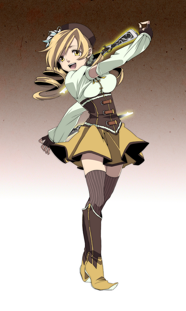 :d bad_id beret blonde_hair boots brown_legwear corset detached_sleeves drill_hair fingerless_gloves gloves gradient gradient_background gun hair_ornament hairpin hat knee_boots ksuzume kumo_suzume magical_girl magical_musket mahou_shoujo_madoka_magica miniskirt open_mouth pleated_skirt puffy_sleeves ribbon rifle skirt smile solo taut_shirt thigh-highs thighhighs tomoe_mami twin_drills twintails vertical-striped_legwear vertical_stripes weapon yellow_eyes zettai_ryouiki