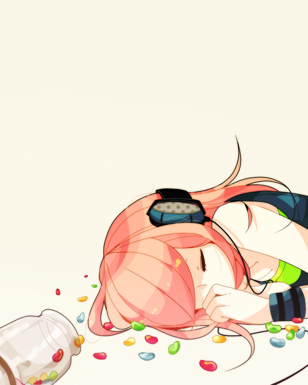 closed_eyes eyes_closed headphones highres jelly_bean long_hair original pink_hair ppo-p simple_background sleeping solo