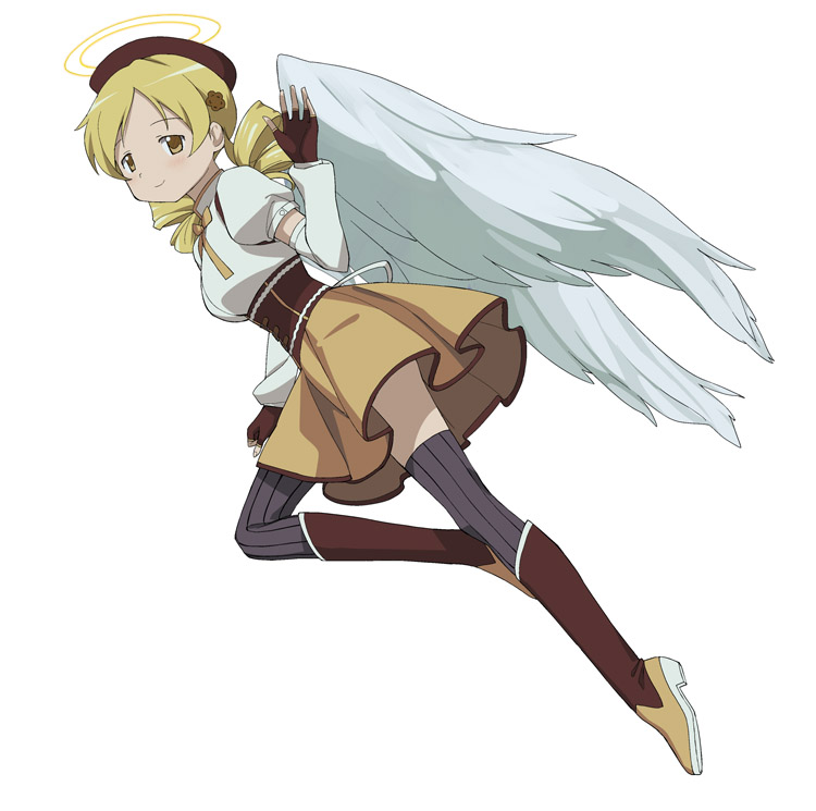 a1 beret blonde_hair boots dragon_ball dragon_ball_z drill_hair fingerless_gloves gloves halo hat mahou_shoujo_madoka_magica parody puffy_sleeves short_hair solo spoilers thigh-highs thighhighs tomoe_mami twintails wings yellow_eyes