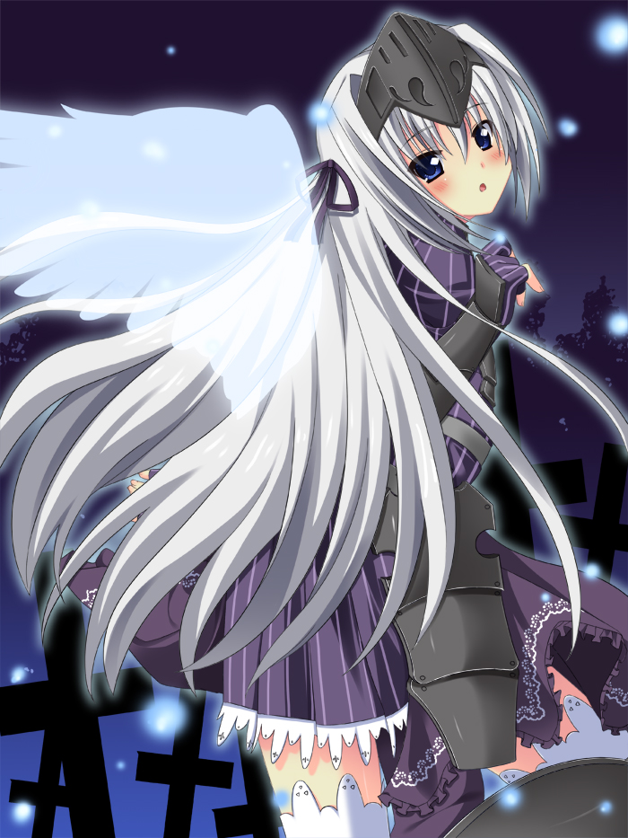 armor armored_dress asa_no_ha blue_eyes blush cross eucliwood_hellscythe faulds fireflies gauntlets graveyard kore_wa_zombie_desu_ka? long_hair looking_back night night_sky silver_hair sky solo thigh-highs thighhighs vambraces very_long_hair visor_(armor) white_hair white_legwear white_thighhighs wings zettai_ryouiki