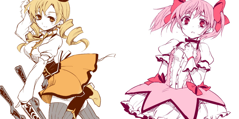 beret blonde_hair boots bubble_skirt corset detached_sleeves drill_hair epuko fingerless_gloves flat_color gloves grey_legwear gun hair_ornament hairpin hand_on_own_chest hand_to_chest hat kaname_madoka light_smile lowres magical_girl magical_musket mahou_shoujo_madoka_magica multiple_girls musket pink_eyes pink_hair pleated_skirt puffy_sleeves ribbon rifle short_hair simple_background skirt taut_shirt tears thighhighs tomoe_mami twin_drills vertical-striped_legwear vertical_stripes weapon yellow_eyes zettai_ryouiki