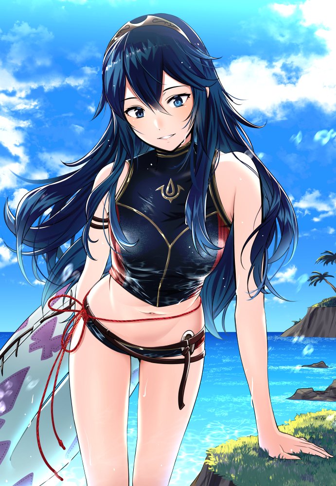 1girl alternate_costume ameno_(a_meno0) bangs bare_shoulders blue_eyes blue_hair blue_sky blush breasts clouds day fire_emblem fire_emblem_awakening grass hair_between_eyes holding holding_innertube innertube long_hair looking_at_viewer lucina_(fire_emblem) medium_breasts midriff navel ocean official_alternate_costume outdoors parted_lips rock short_shorts shorts sky sleeveless smile solo stomach swimsuit symbol-shaped_pupils teeth tiara water wet wet_hair