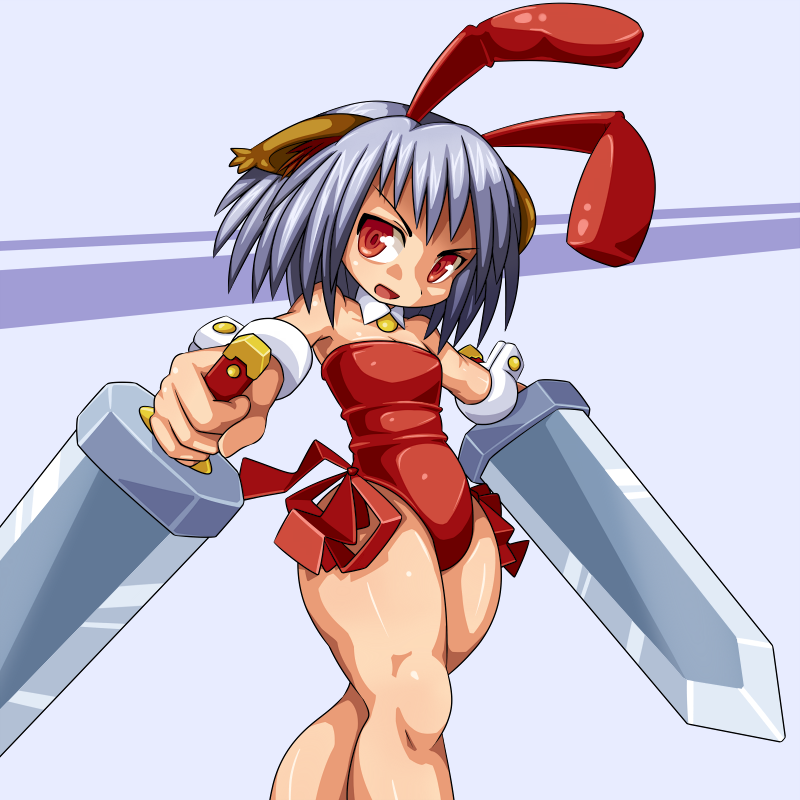 1girl animal_ears bunny_ears bunny_girl bunny_must_die bunny_the_honeywhite bunnysuit cat_ears cuff cuffs hips legs leotard open_mouth red_eyes ribbon silver_hair smile solo sword weapon