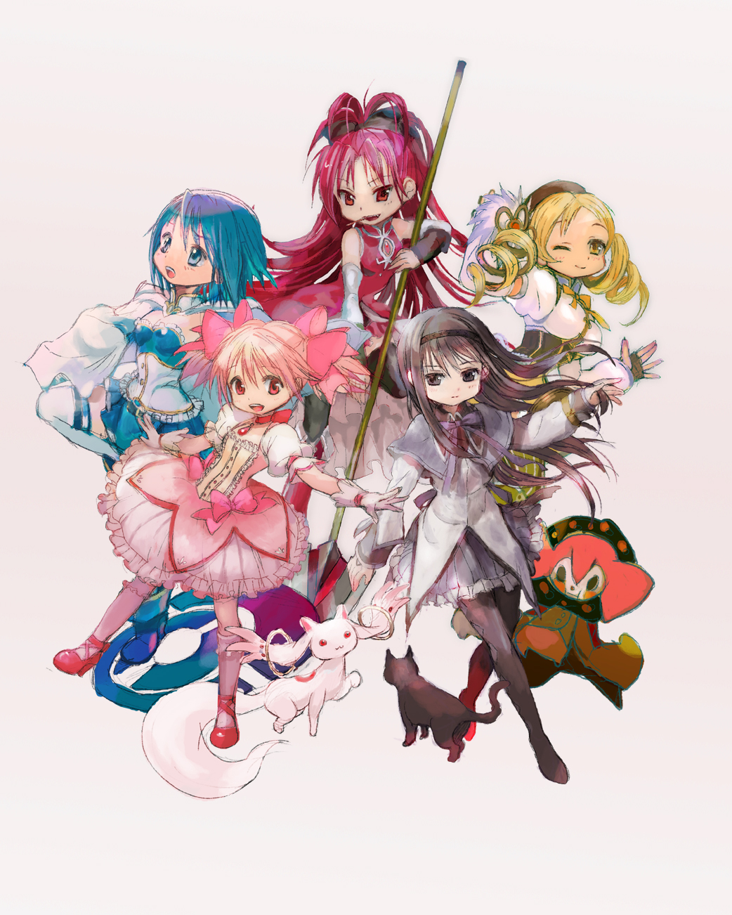 akemi_homura ami_(mahou_shoujo_madoka_magica) amy_(madoka_magica) bad_id bare_shoulders beret black_hair blonde_hair boots bubble_skirt cat charlotte_(madoka_magica) choker detached_sleeves drill_hair fingerless_gloves from_behind gloves hairband hat highres kaname_madoka knee_boots kyubey kyuubee long_hair looking_back magical_girl mahou_shoujo_madoka_magica miki_sayaka multiple_girls open_mouth outstretched_arms pantyhose pink_eyes pink_hair pocky polearm ponytail puffy_sleeves red_eyes red_hair sakura_kyouko shoes short_hair short_twintails simple_background smile spear spread_arms standing_on_one_leg thighhighs tomatika tomoe_mami twintails vertical-striped_legwear vertical_stripes weapon wink yellow_eyes zettai_ryouiki
