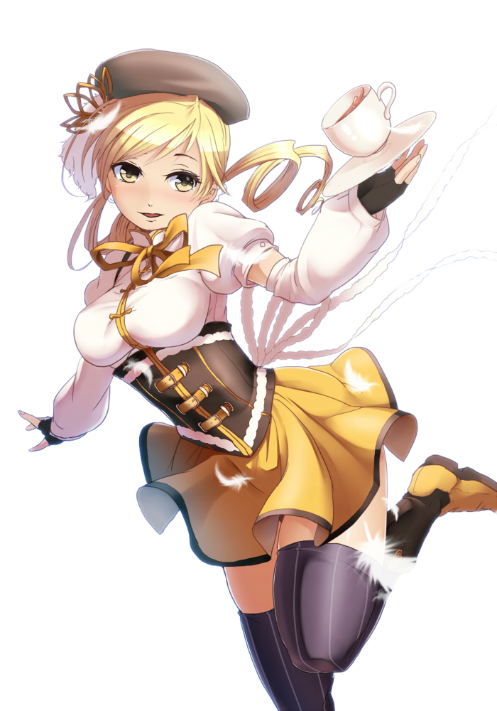 beret blonde_hair boots colored cup drill_hair eto fingerless_gloves gloves hat mahou_shoujo_madoka_magica open_mouth puffy_sleeves solo teacup thigh-highs thighhighs tomoe_mami twintails yellow_eyes