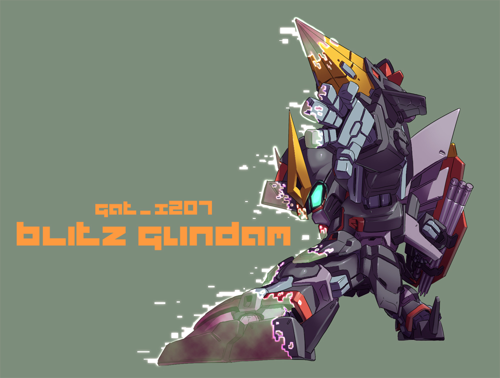 chibi gundam gundam_seed king_of_unlucky mecha no_humans outstretched_arm profile simple_background solo text