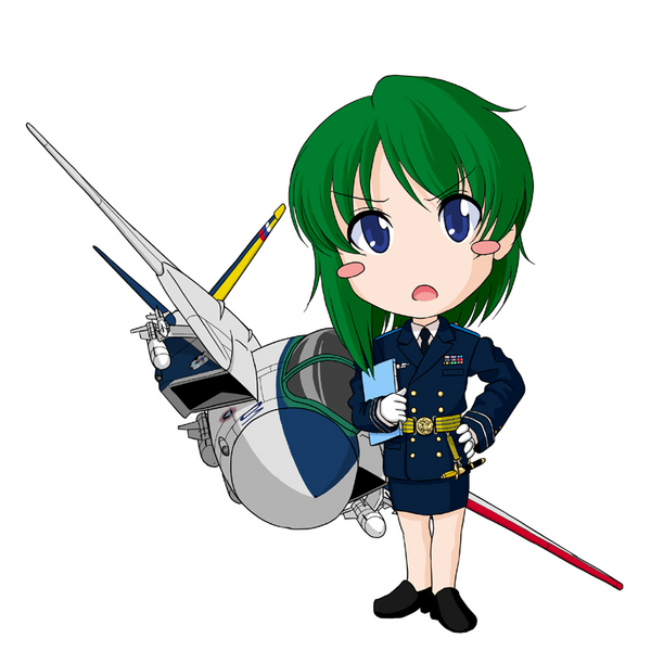 airplane alternate_costume alternate_hairstyle blue_eyes blush_stickers chibi contemporary f-14 fighter_jet file green_hair hand_on_hip hips jet military military_uniform missile necktie no_hat no_headwear no_nose notebook open_mouth sakurato_tsuguhi shikieiki_yamaxanadu short_hair simple_background solo touhou uniform