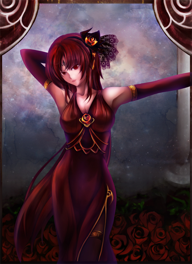 bare_shoulders breasts dress elbow_gloves evening_dress evening_gown flower gloves hair_ornament original red_eyes red_hair redhead rose side_slit solo teropu