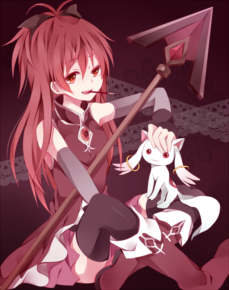 bare_shoulders black_legwear black_thighhighs boots detached_sleeves kouko kyubey kyuubee mahou_shoujo_madoka_magica mouth_hold on_floor open_mouth petting pink_hair pocky polearm ponytail red_eyes red_hair redhead ryouka_(nm0407) sakura_kyouko sitting solo spear thigh-highs thighhighs weapon
