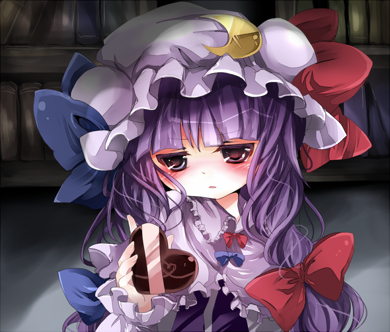 bad_id blush book bow bust chocolate chocolate_heart crescent emia hat heart patchouli_knowledge purple_eyes purple_hair solo touhou valentine violet_eyes