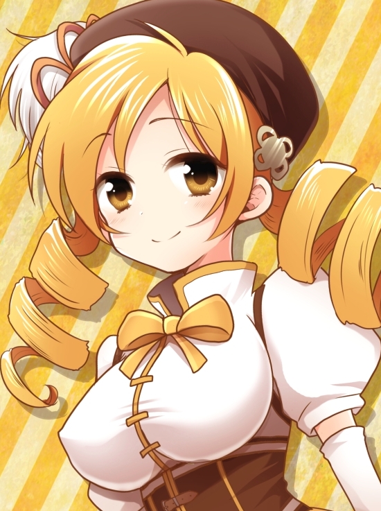 bad_id blonde_hair blush bowtie breasts bust drill_hair erect_nipples face hat hiroichi large_breasts long_hair mahou_shoujo_madoka_magica smile solo striped striped_background tomoe_mami twin_drills yellow_eyes