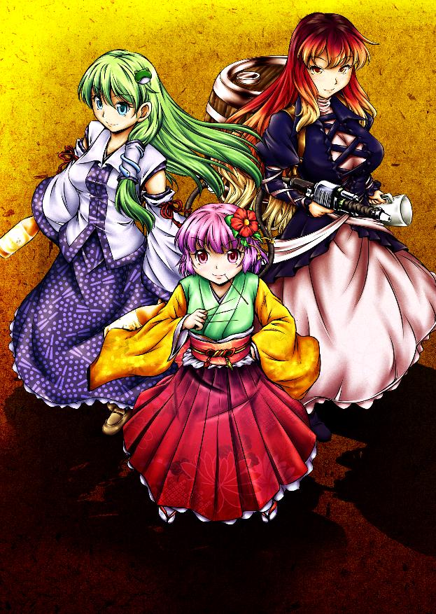 blue_eyes detached_sleeves dress flower frog gradient_hair green_hair hair_flower hair_ornament hieda_no_akyuu hijiri_byakuren japanese_clothes kochiya_sanae long_hair multicolored_hair multiple_girls purple_hair short_hair snake touhou yellow_eyes yuzu_momo