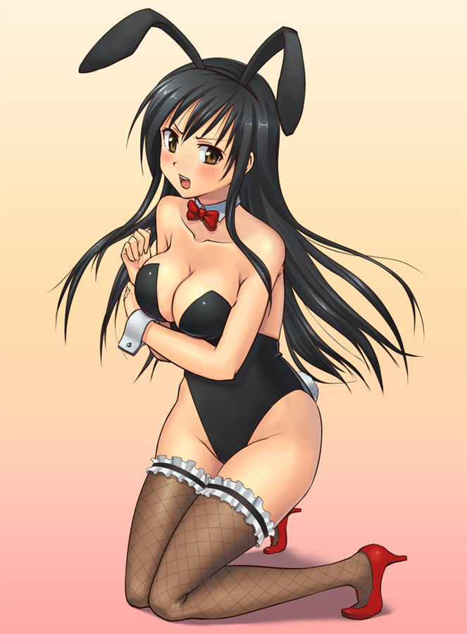 bare_shoulders black_hair black_legwear black_thighhighs blush breasts brown_eyes bunny_ears bunny_girl bunny_tail bunnysuit cleavage fishnet_legwear fishnet_stockings fishnets hairband hashi kneeling kotegawa_yui legwear long_hair open_mouth solo tail thigh-highs thighhighs to_love-ru toloveru wrist_cuffs