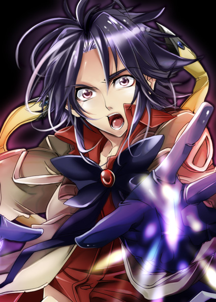 ahoge angry black_hair bow brooch brown_eyes coat gloves jewelry levin_brenton magic male merii open_mouth payot ribbon simple_background solo wild_arms wild_arms_xf