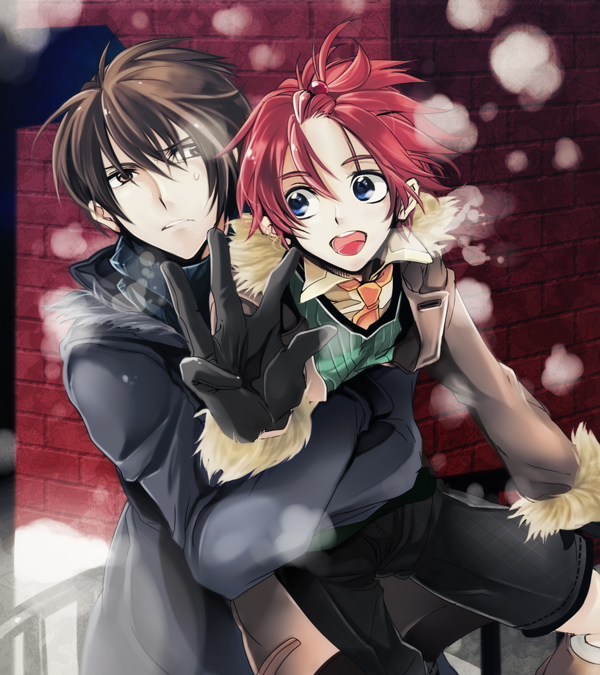 :d ahoge blue_eyes boots brown_eyes brown_hair coat frown gloves hair_ornament hairpin happy hug jude_maverick kresnik_ahtreide male merii messy_hair multiple_boys necktie open_mouth red_background red_hair redhead shirt shorts smile snow sweat wild_arms wild_arms_4