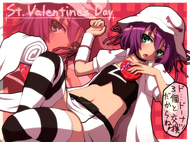 choker green_eyes hat merry_nightmare midriff navel negija open_mouth pointy_ears purple_hair short_hair solo striped striped_legwear striped_thighhighs thigh-highs thighhighs translation_request valentine yumekui_merry zoom_layer