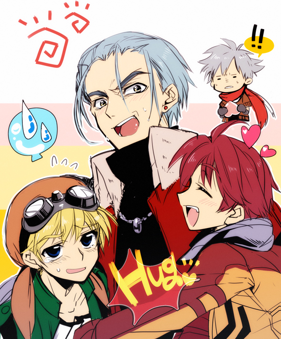 ^_^ ahoge alfred_schrodinger bad_id blonde_hair blue_eyes blue_hair closed_eyes earrings goggles goggles_on_head grey_eyes grey_hair happy hat heart hug jacket janus_cascade jet_enduro jewelry jude_maverick male merii multiple_boys necklace open_mouth red_hair redhead scarf shirt smile spiked_hair spiky_hair sweat sweatdrop wild_arms wild_arms_3 wild_arms_4
