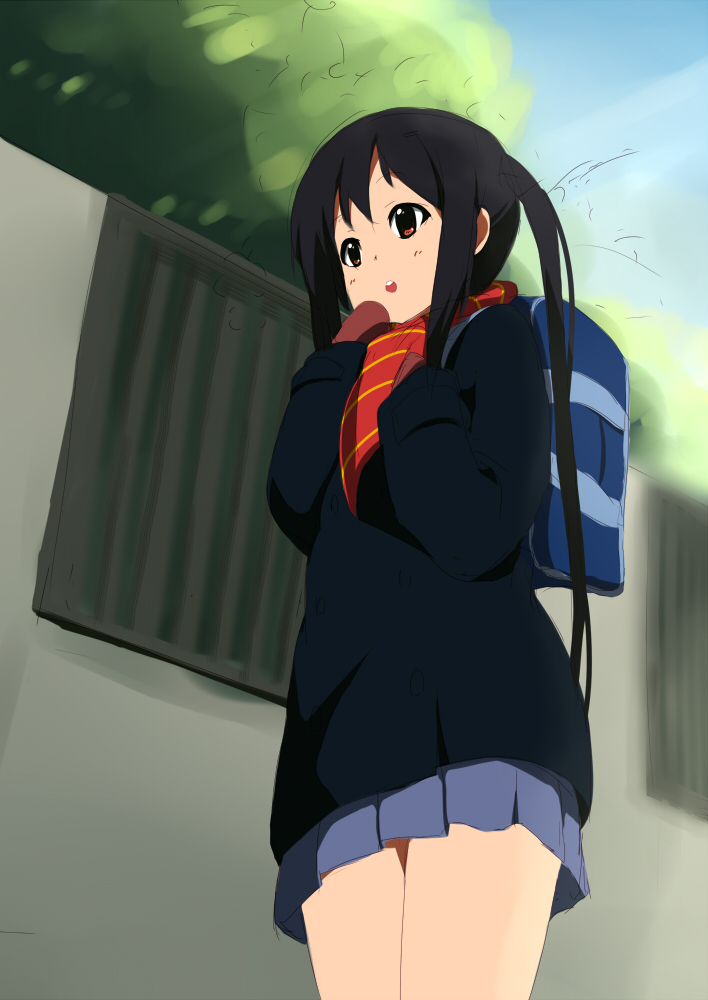 black_hair brown_eyes k-on! long_hair mittens nakano_azusa scarf school_uniform sora_to_umi twintails