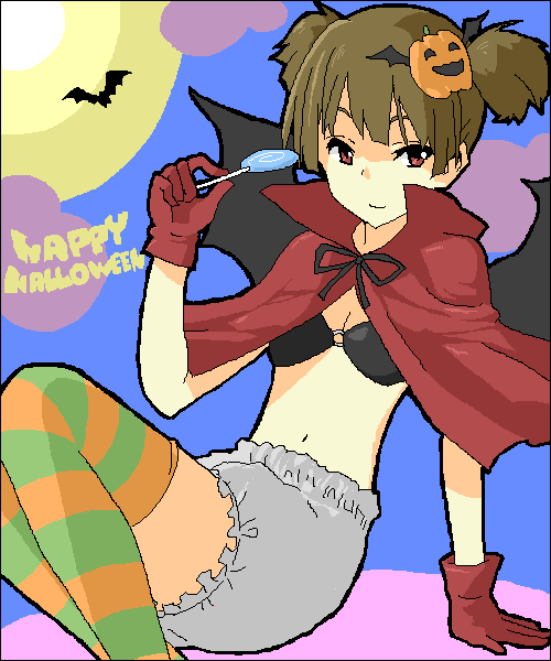 arm_support bad_id bat bat_wings bikini_top bloomers brown_hair cape gloves green_legwear halloween happy_halloween k-on! moon orange_legwear pumpkin_hair_ornament red_eyes sasami_(ganmo) short_twintails solo striped striped_legwear striped_thighhighs suzuki_jun thigh-highs thighhighs twintails wings