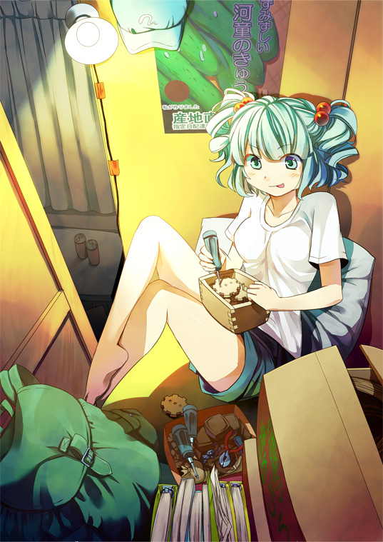 :p aqua_eyes aqua_hair backpack bag barefoot blue_eyes blue_hair box cardboard_box casual cucumber door folder gears hair_bobbles hair_ornament hat hat_removed headwear_removed indoors kawashiro_nitori legs lightbulb pillow poster_(object) randoseru room screwdriver short_hair sitting solo t-shirt tongue touhou twintails zanunoneko