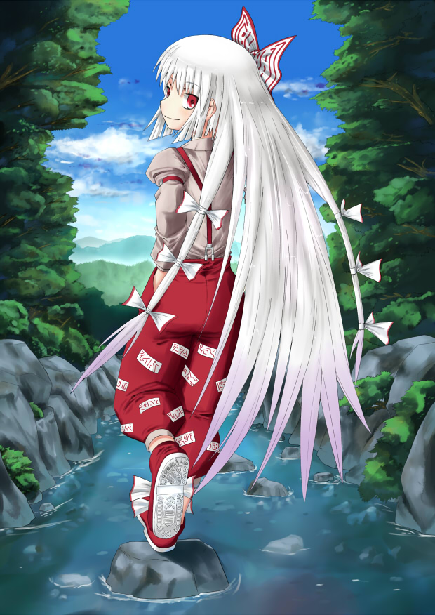1girl artist_request bow from_behind fujiwara_no_mokou hair_bow hands_in_pockets long_hair looking_back nature pants red_eyes river shoes silver_hair sky solo suspenders touhou very_long_hair walking white_hair